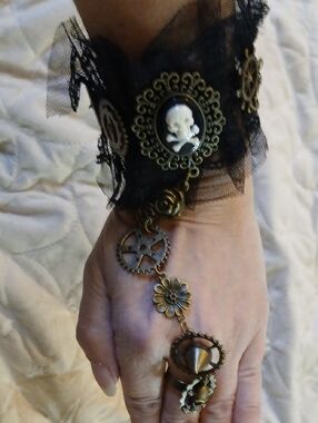 Victorian Gothic Black Lace Skull Slave Bracelet with Bronze Charms